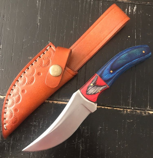 Custom Handmade D2 Stainless Steel Hunting Knife, Coloured Wood Handle with Leather Sheath.