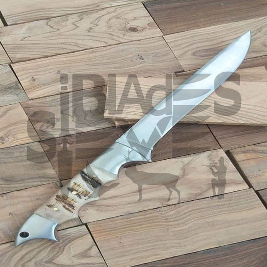 Custom Handmade D2 Steel Fillet/Boning Knife, Ram horn Handle With Leather Sheath