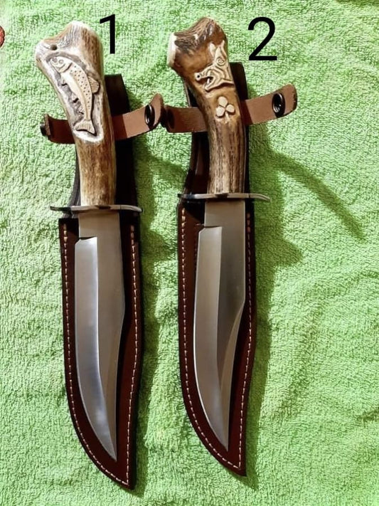 CUSTOM HANDMADE D2 STEEL HUNTING KNIFE, WOOD HANDLE WITH LEATHER SHEATH